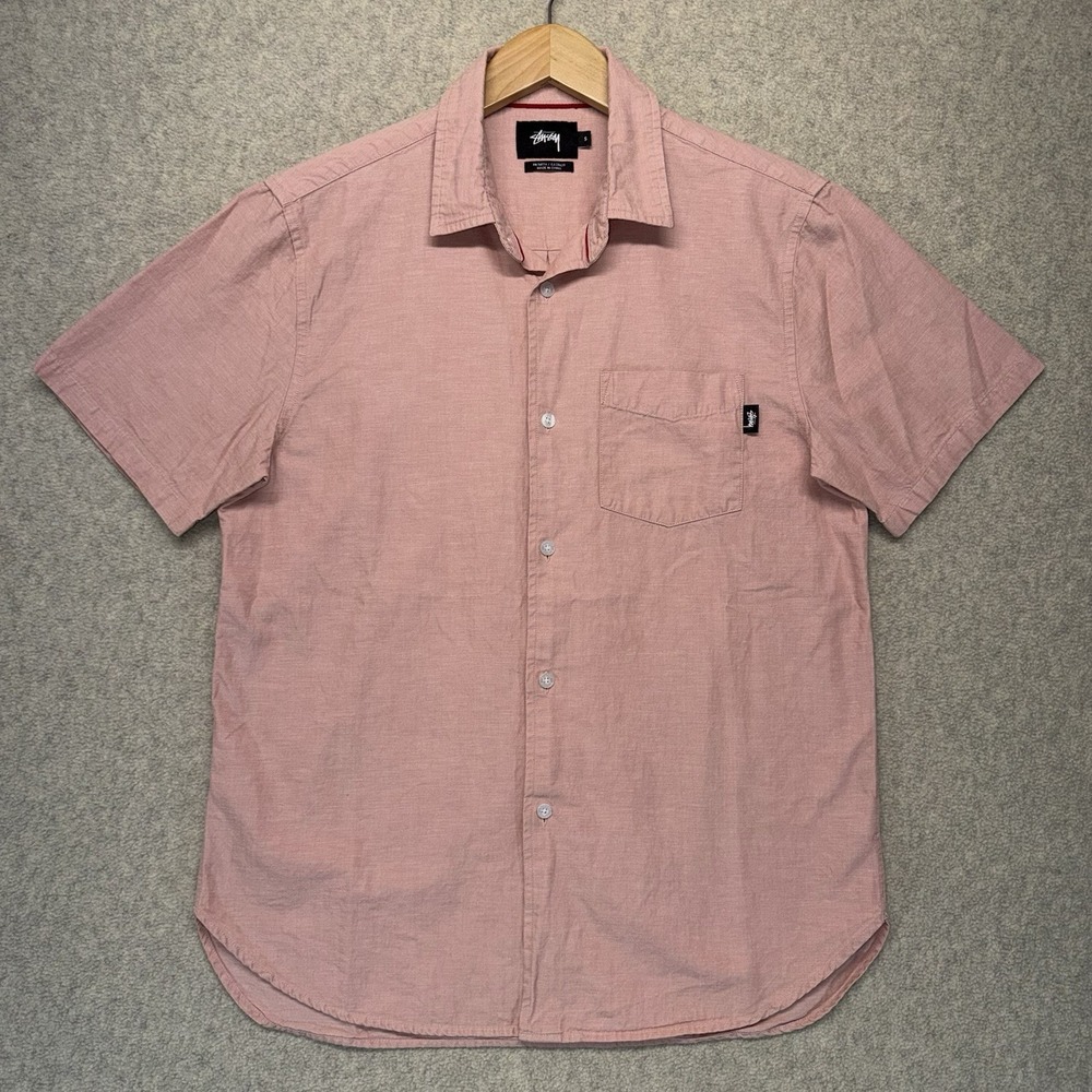 Stussy Men's Pink Linen Cotton Button Up Shirt Short Sleeve Size S